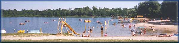 panoramic beach picture ~ Lake Lenwood Beach & Campground West Bend Wisconsin camping RV park close to Milwaukee